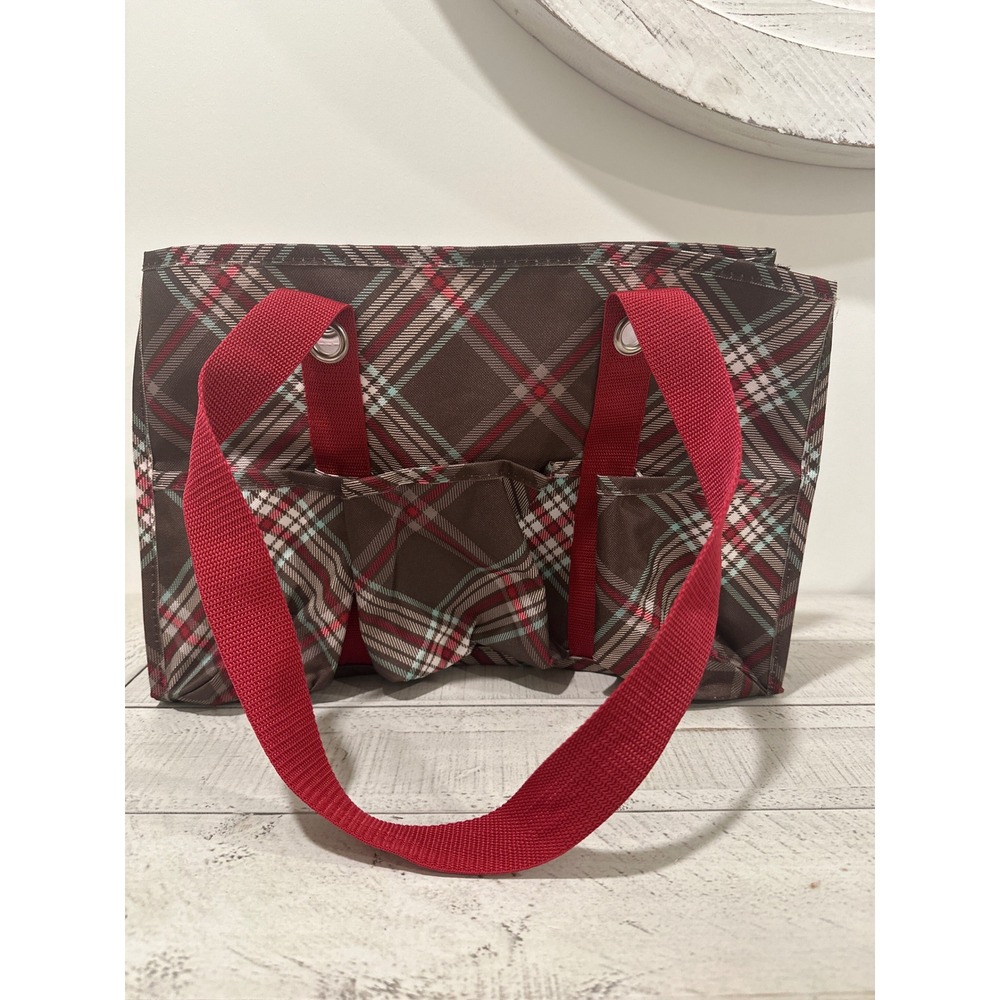 Thirty-One Zip-Top Utility Tote Bag Brown Red Plaid Organizer 7 Pockets